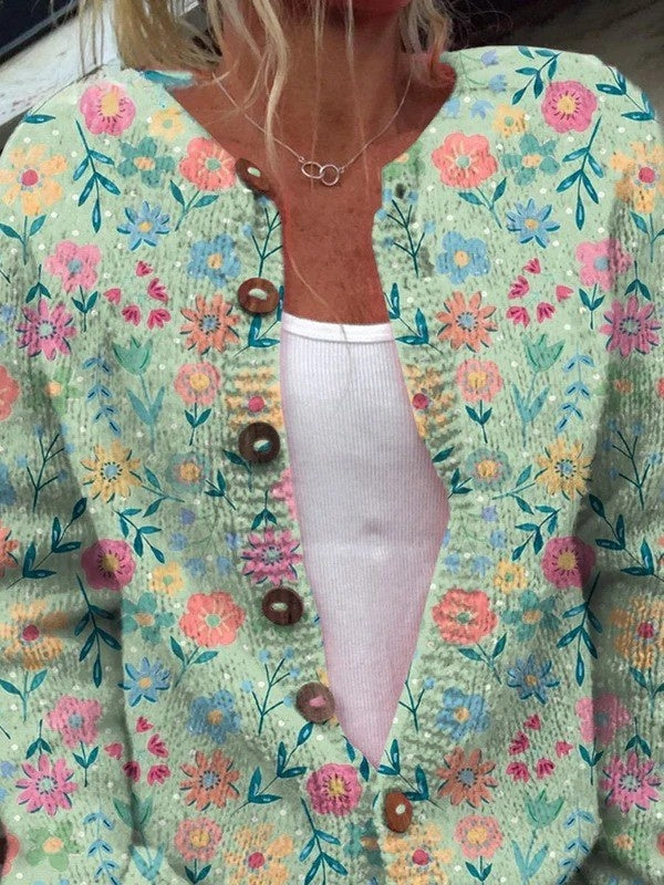 Matilde | Camisola de Malha Floral Mulher Botões Estampado Pássaros