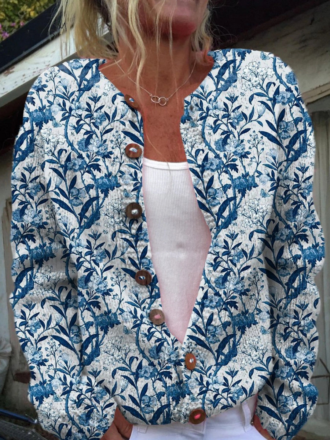 Matilde | Camisola de Malha Floral Mulher Botões Estampado Pássaros