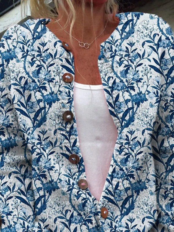 Matilde | Camisola de Malha Floral Mulher Botões Estampado Pássaros