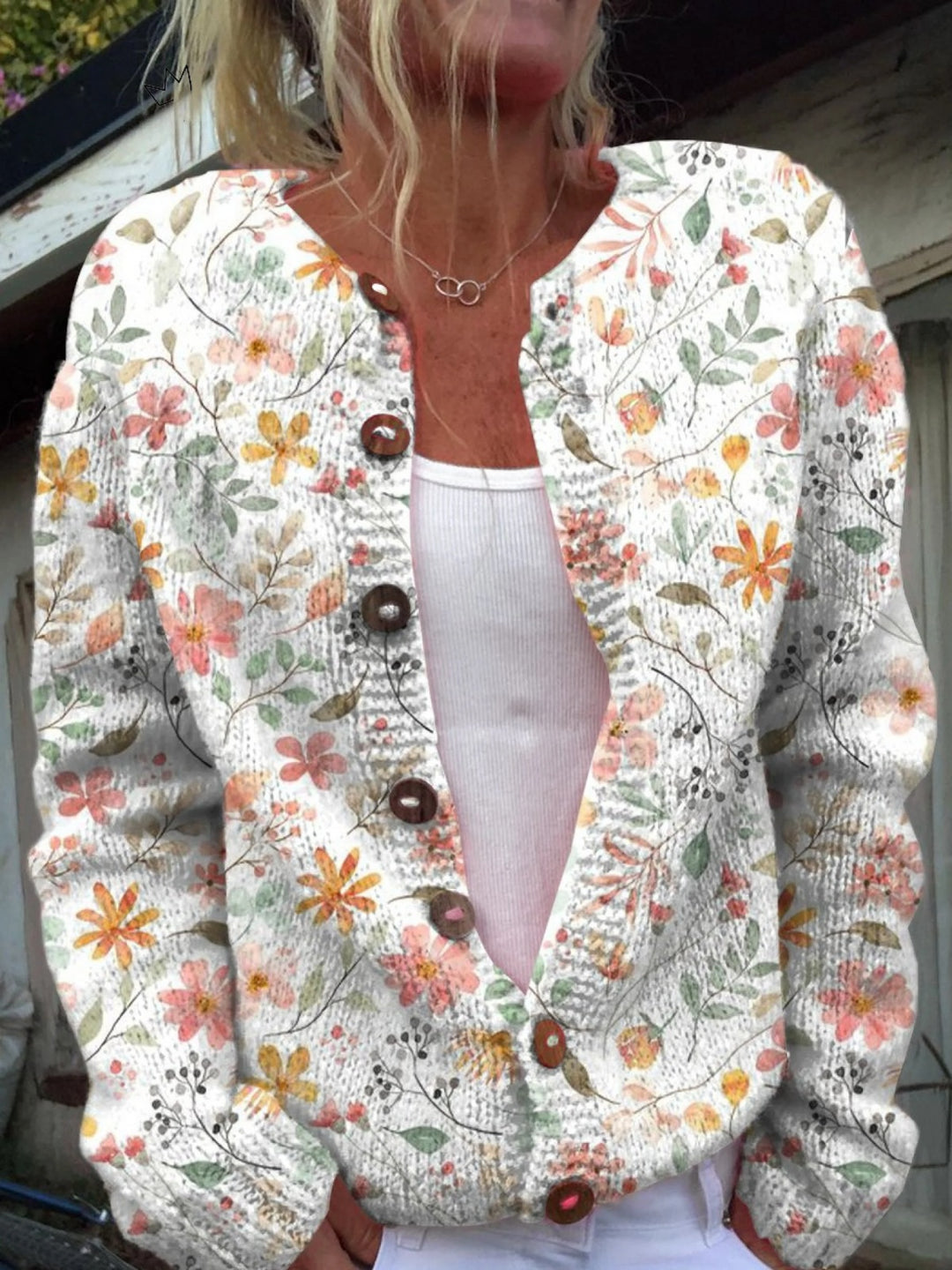 Matilde | Camisola de Malha Floral Mulher Botões Estampado Pássaros