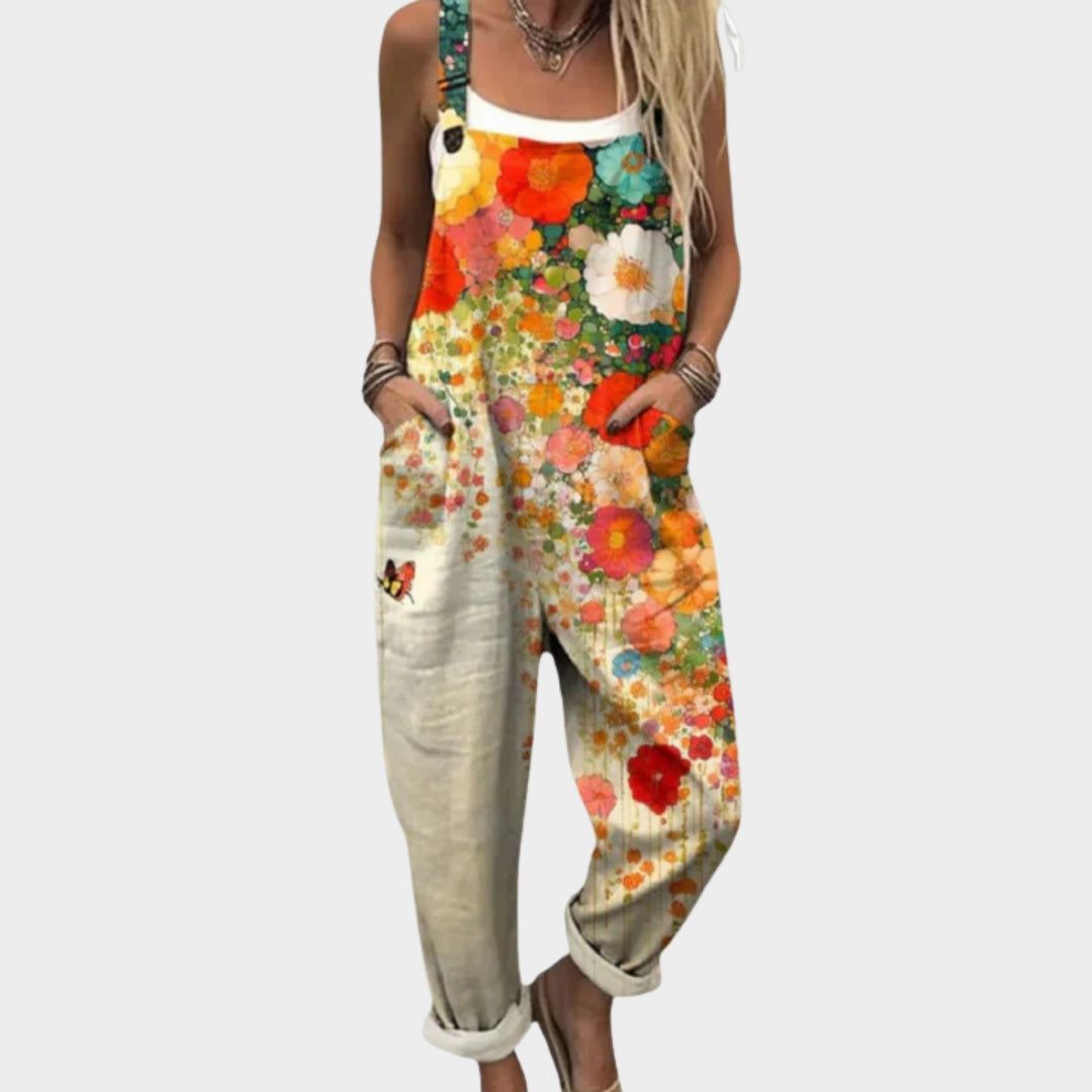 Matilde | Jardineiras Estampado Floral Mulher Perna Larga com Bolsos