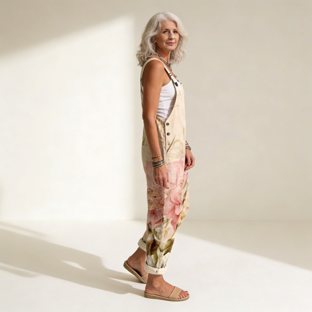 Matilde | Jardineiras Estampado Floral Mulher Perna Larga com Bolsos