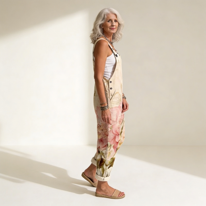 Matilde | Jardineiras Estampado Floral Mulher Perna Larga com Bolsos