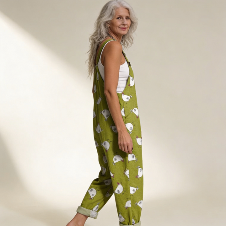 Matilde | Jardineiras Estampado Floral Mulher Perna Larga com Bolsos