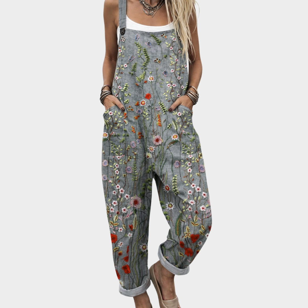 Matilde | Jardineiras Estampado Floral Mulher Perna Larga com Bolsos