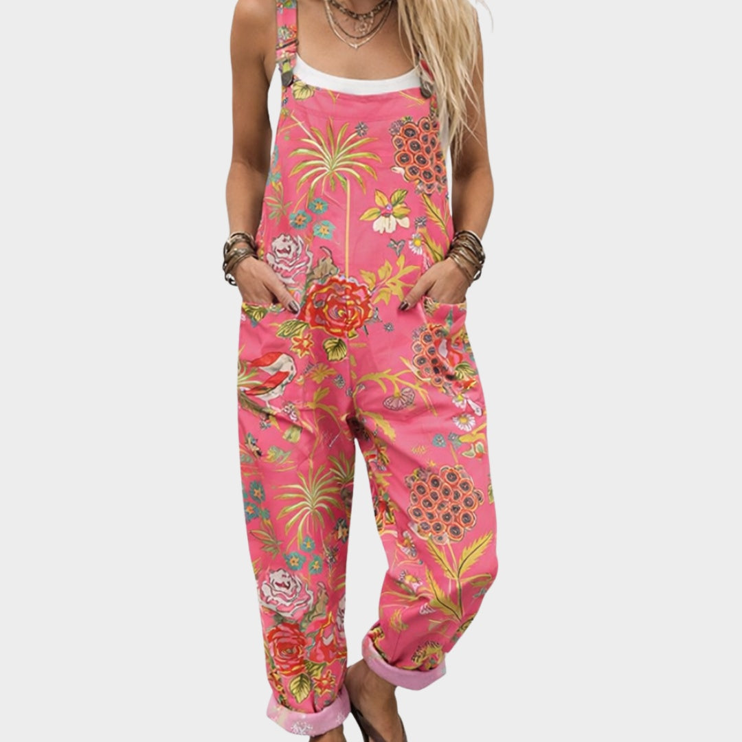 Matilde | Jardineiras Estampado Floral Mulher Perna Larga com Bolsos