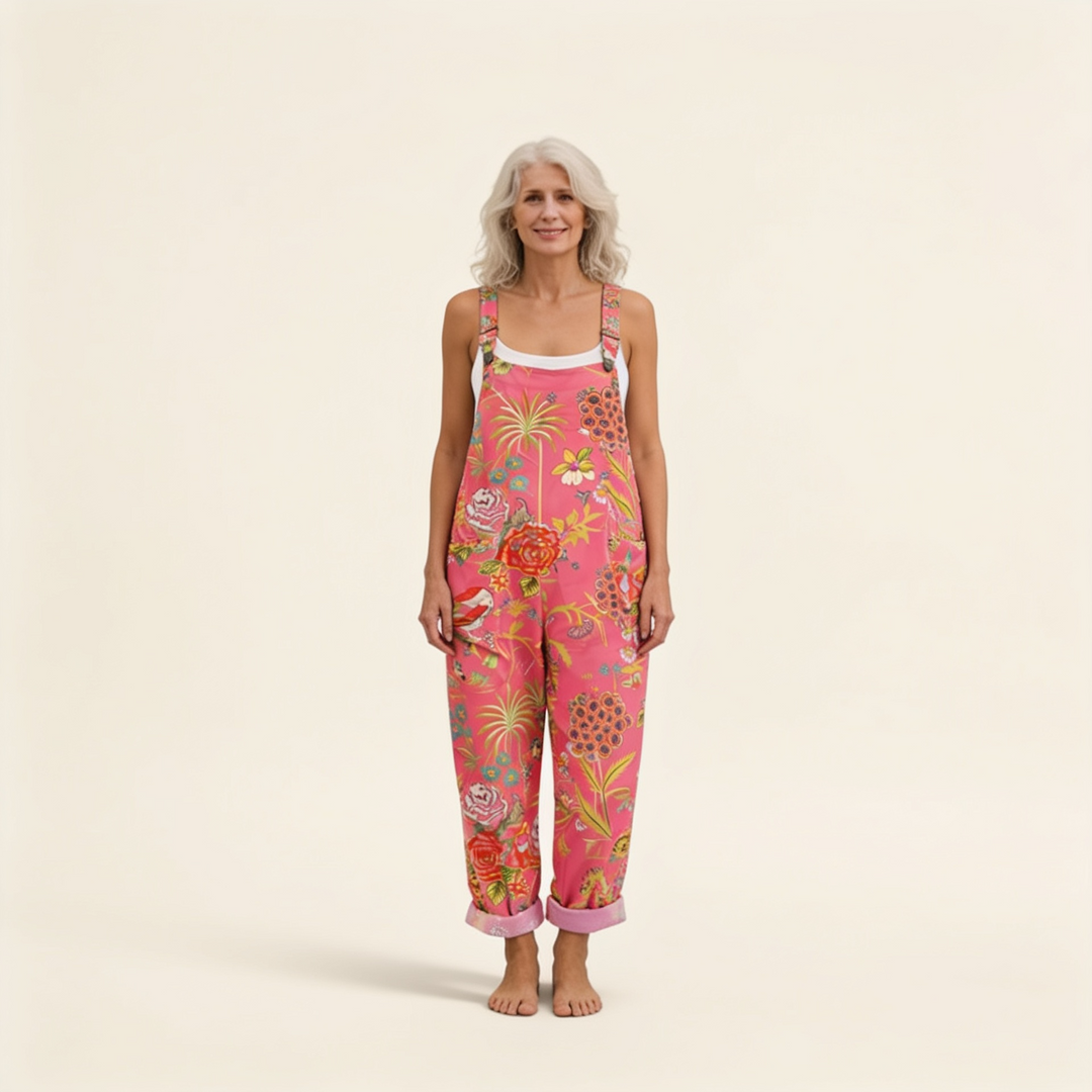 Matilde | Jardineiras Estampado Floral Mulher Perna Larga com Bolsos