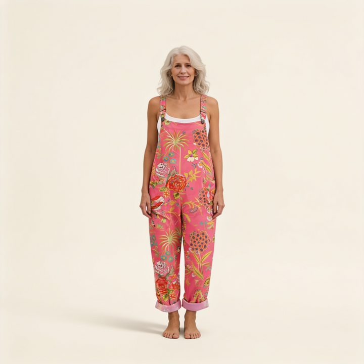Matilde | Jardineiras Estampado Floral Mulher Perna Larga com Bolsos