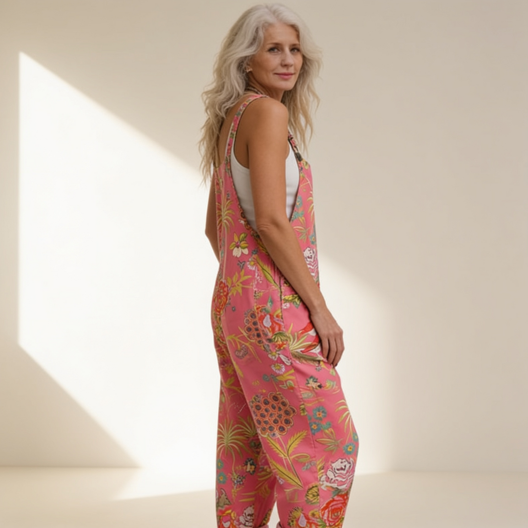 Matilde | Jardineiras Estampado Floral Mulher Perna Larga com Bolsos