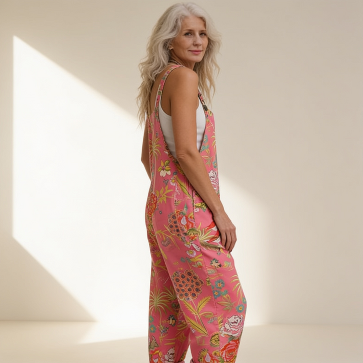 Matilde | Jardineiras Estampado Floral Mulher Perna Larga com Bolsos