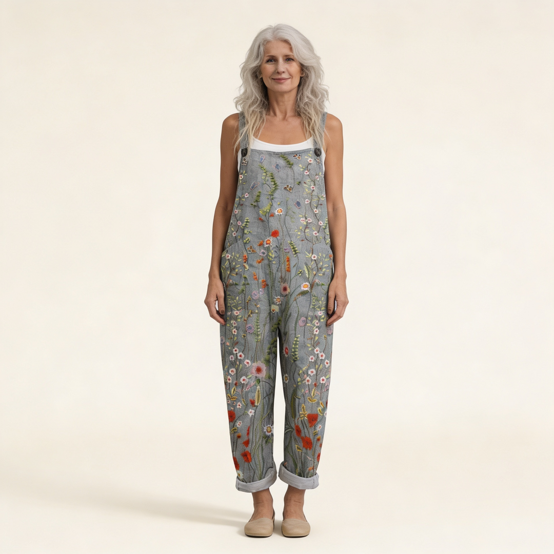 Matilde | Jardineiras Estampado Floral Mulher Perna Larga com Bolsos