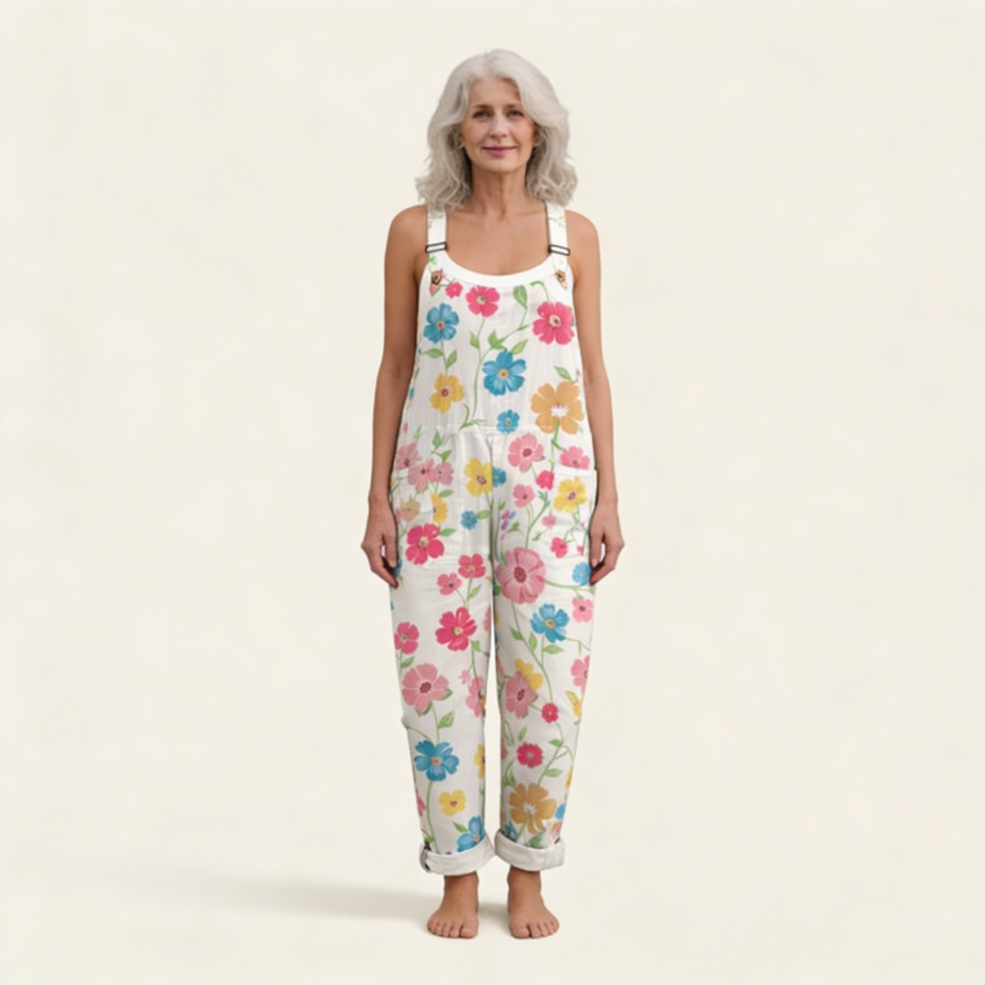 Matilde | Jardineiras Estampado Floral Mulher Perna Larga com Bolsos