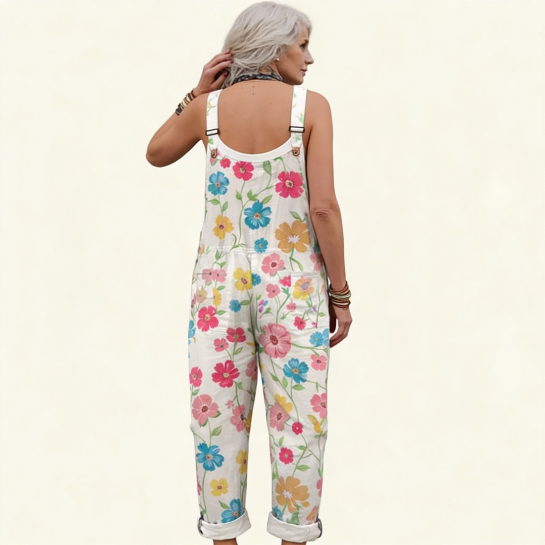 Matilde | Jardineiras Estampado Floral Mulher Perna Larga com Bolsos