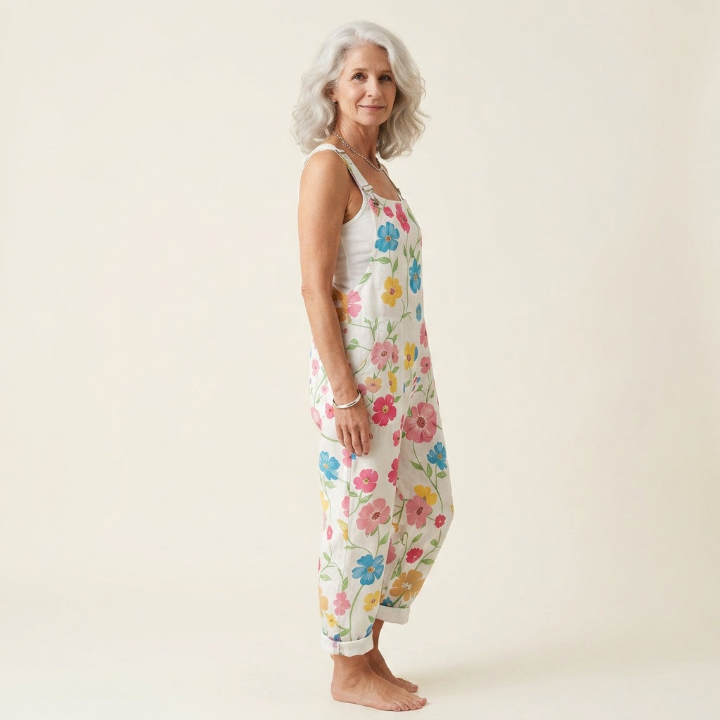 Matilde | Jardineiras Estampado Floral Mulher Perna Larga com Bolsos