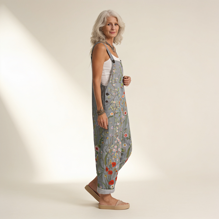 Matilde | Jardineiras Estampado Floral Mulher Perna Larga com Bolsos