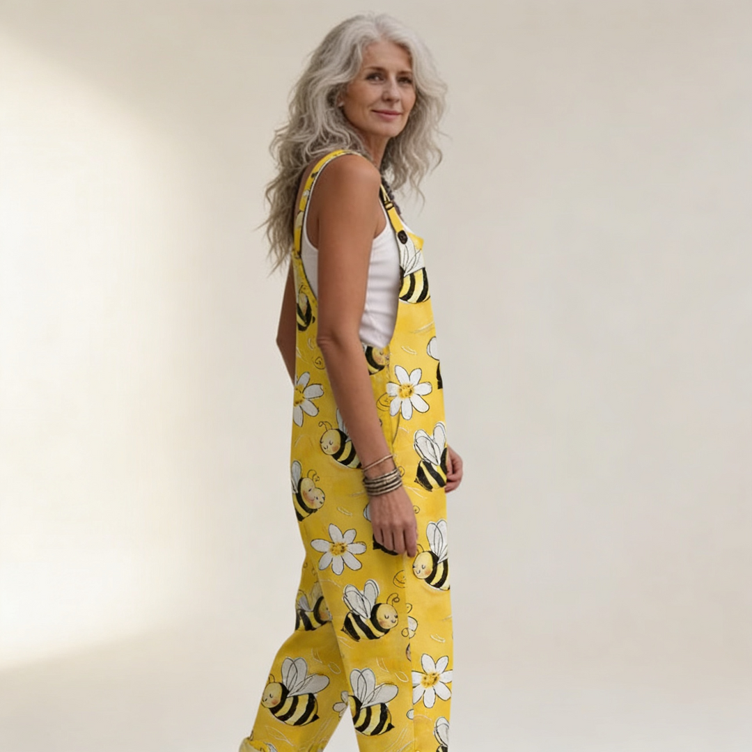 Matilde | Jardineiras Estampado Floral Mulher Perna Larga com Bolsos