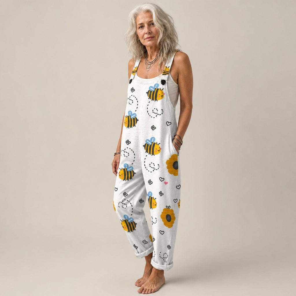 Matilde | Jardineiras Estampado Floral Mulher Perna Larga com Bolsos
