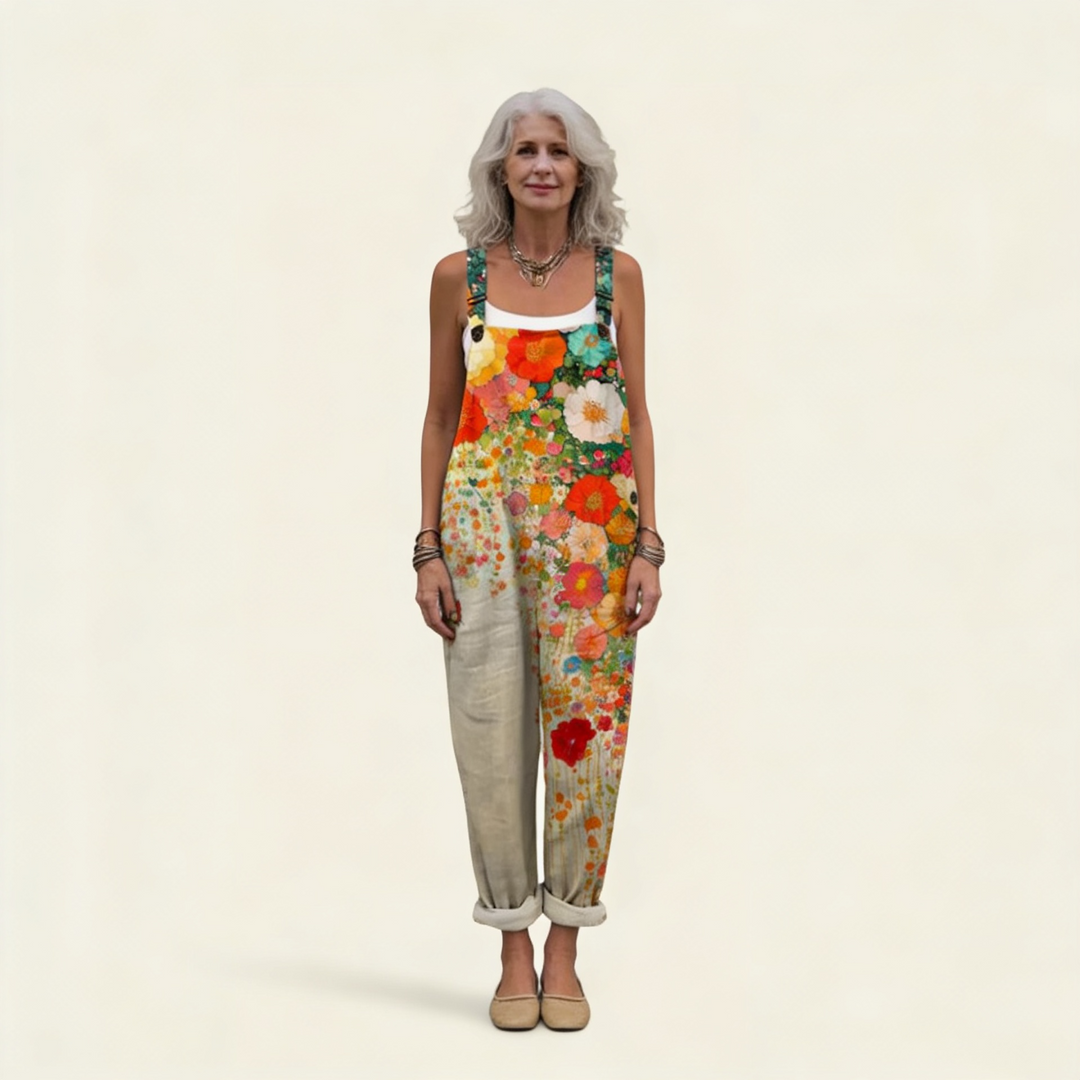 Matilde | Jardineiras Estampado Floral Mulher Perna Larga com Bolsos