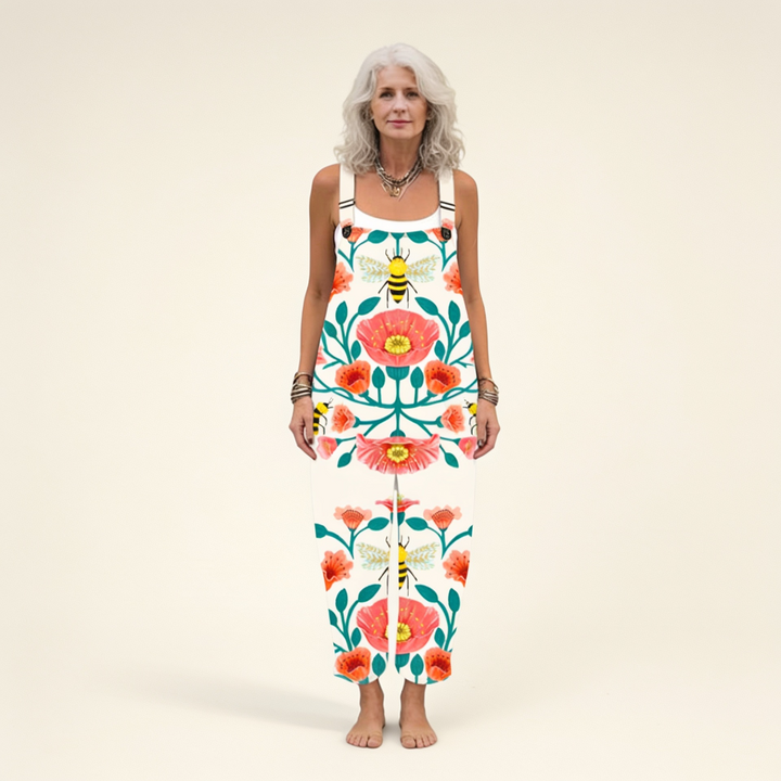 Matilde | Jardineiras Estampado Floral Mulher Perna Larga com Bolsos