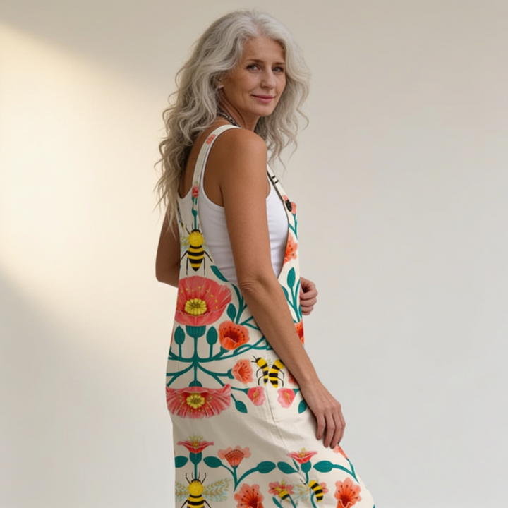 Matilde | Jardineiras Estampado Floral Mulher Perna Larga com Bolsos