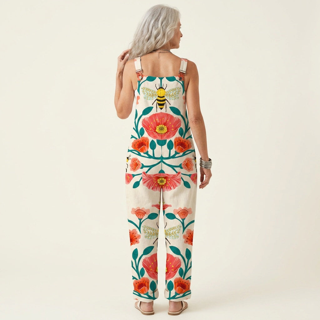 Matilde | Jardineiras Estampado Floral Mulher Perna Larga com Bolsos