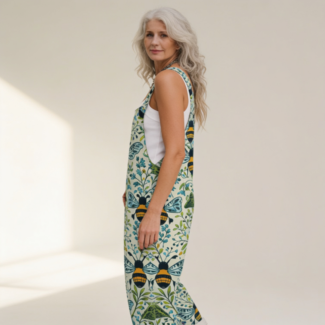 Matilde | Jardineiras Estampado Floral Mulher Perna Larga com Bolsos
