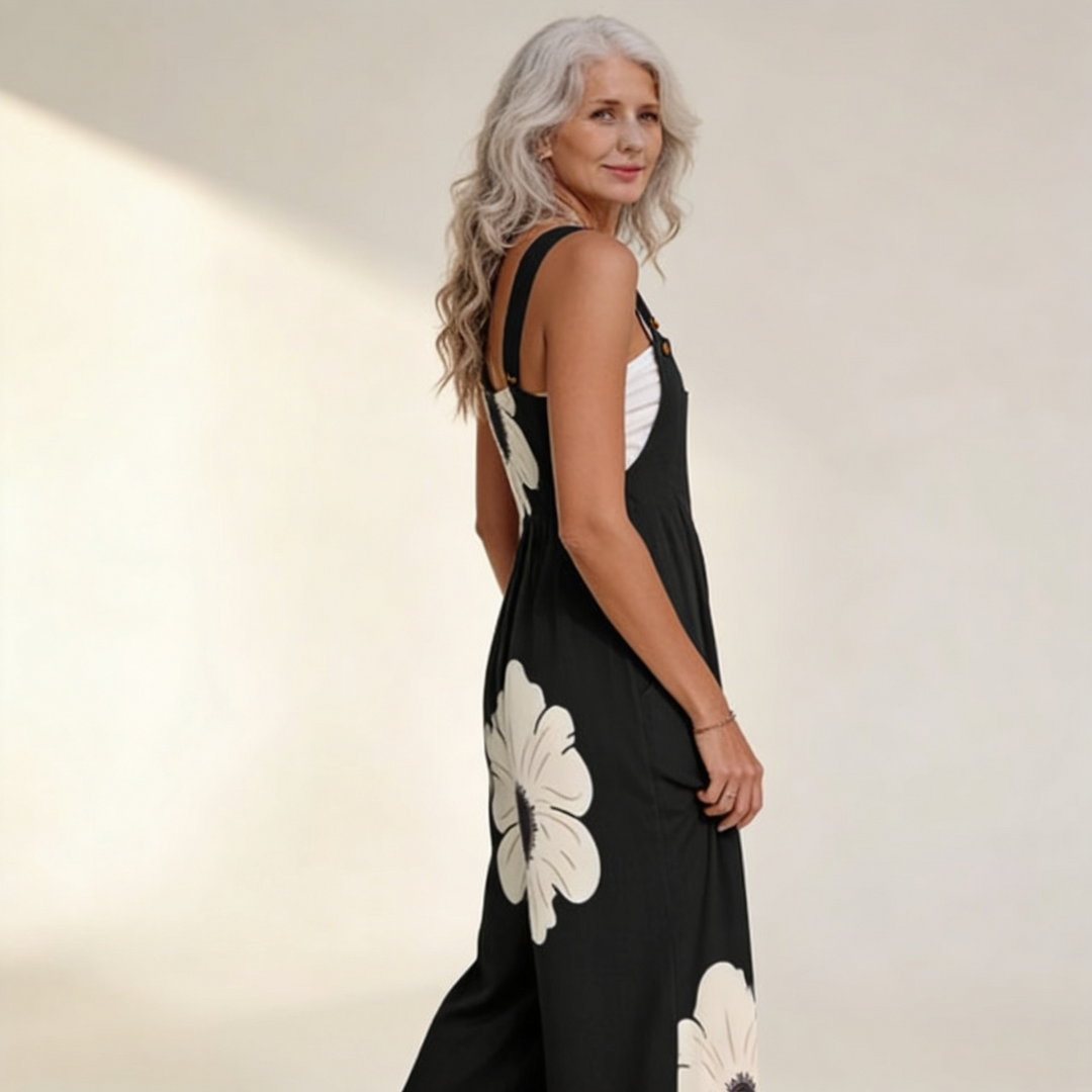 Matilde | Jardineiras Estampado Floral Mulher Perna Larga com Bolsos