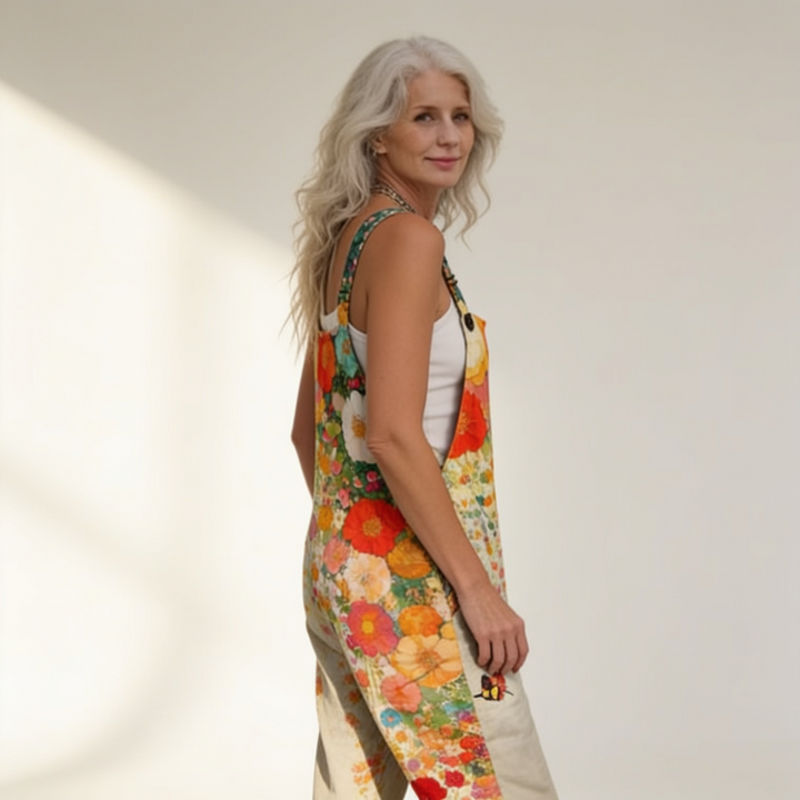 Matilde | Jardineiras Estampado Floral Mulher Perna Larga com Bolsos