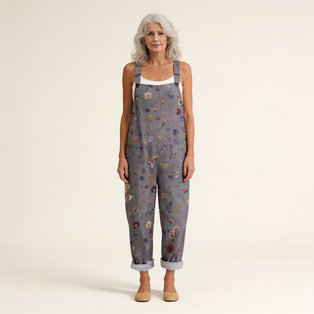 Matilde | Jardineiras Estampado Floral Mulher Perna Larga com Bolsos