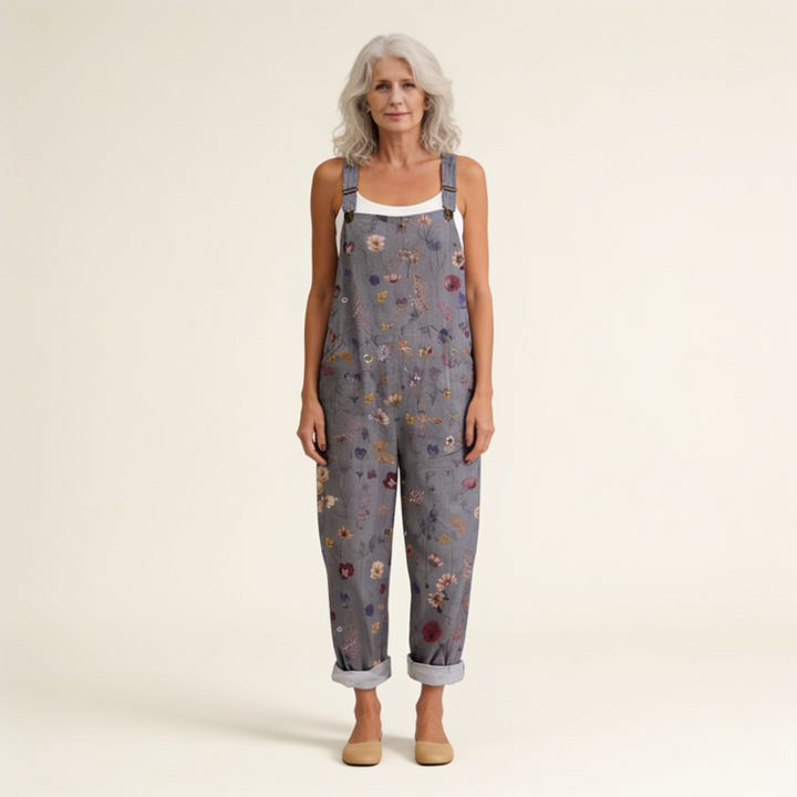 Matilde | Jardineiras Estampado Floral Mulher Perna Larga com Bolsos