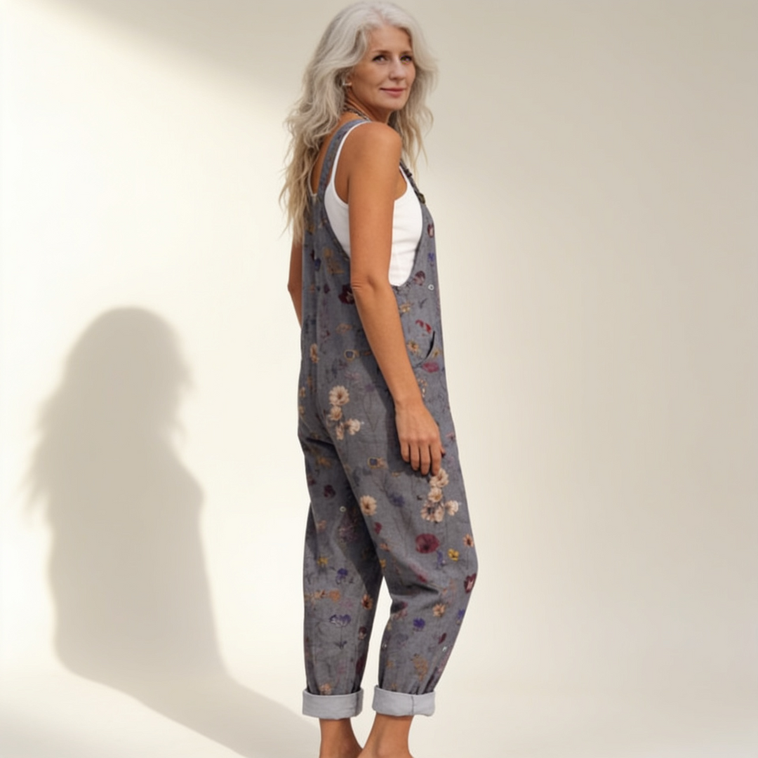 Matilde | Jardineiras Estampado Floral Mulher Perna Larga com Bolsos