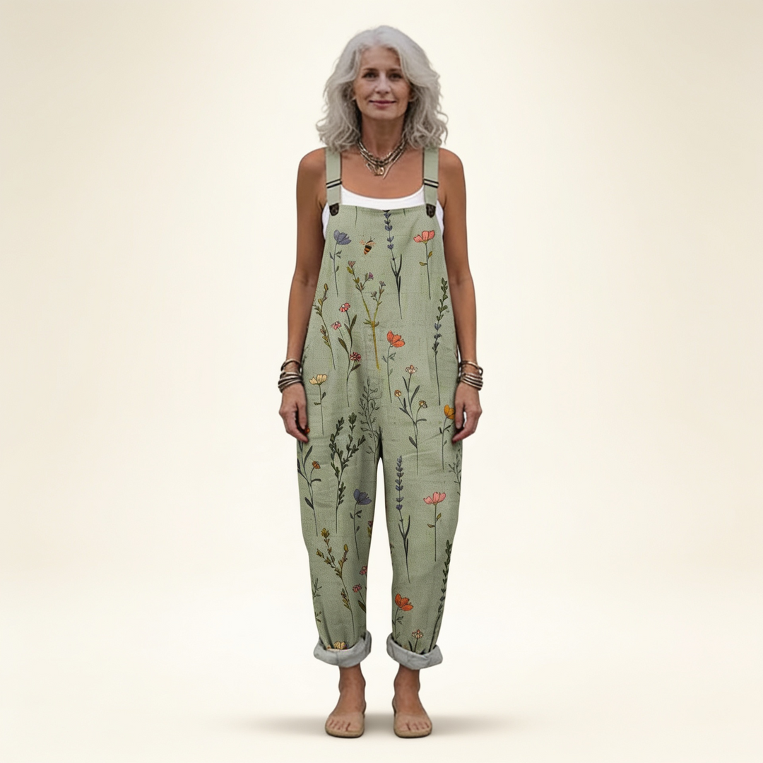 Matilde | Jardineiras Estampado Floral Mulher Perna Larga com Bolsos