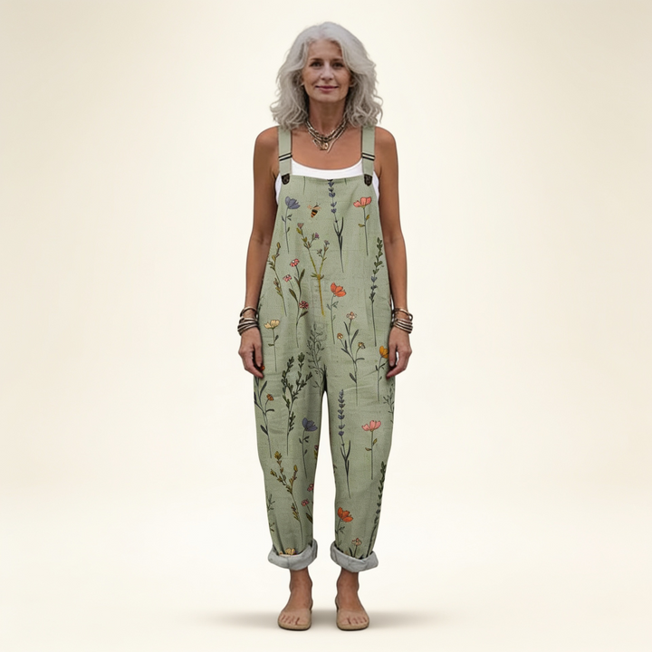 Matilde | Jardineiras Estampado Floral Mulher Perna Larga com Bolsos