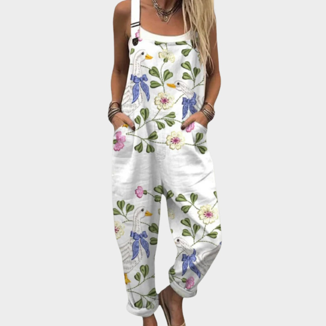Matilde | Jardineiras Estampado Floral Mulher Perna Larga com Bolsos