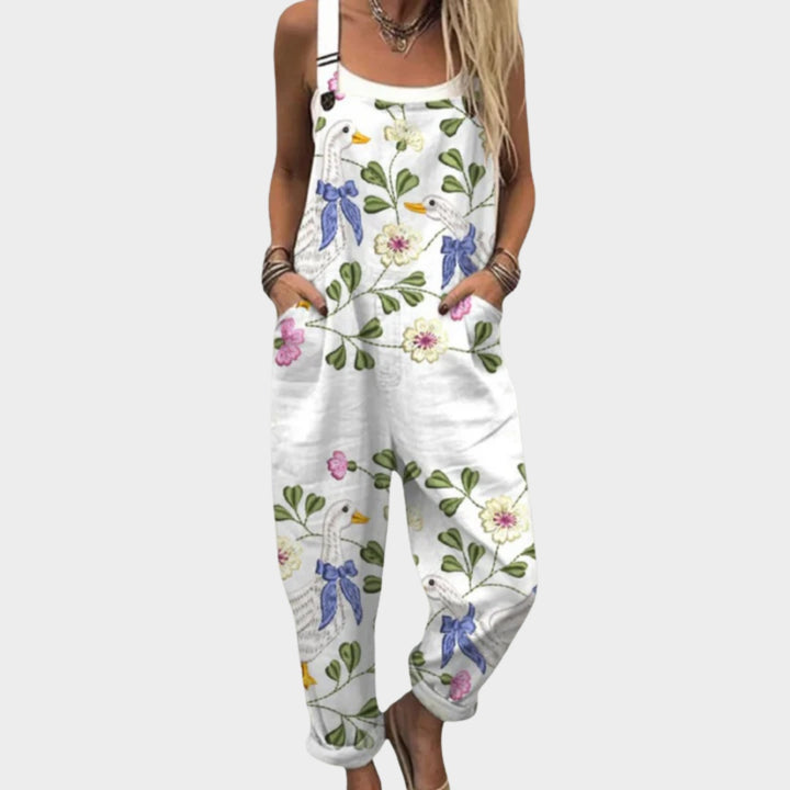 Matilde | Jardineiras Estampado Floral Mulher Perna Larga com Bolsos