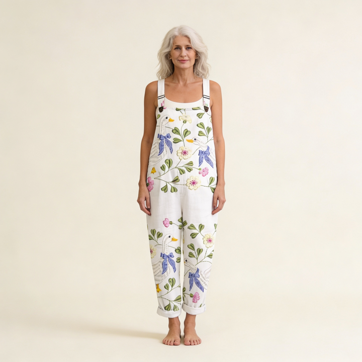 Matilde | Jardineiras Estampado Floral Mulher Perna Larga com Bolsos
