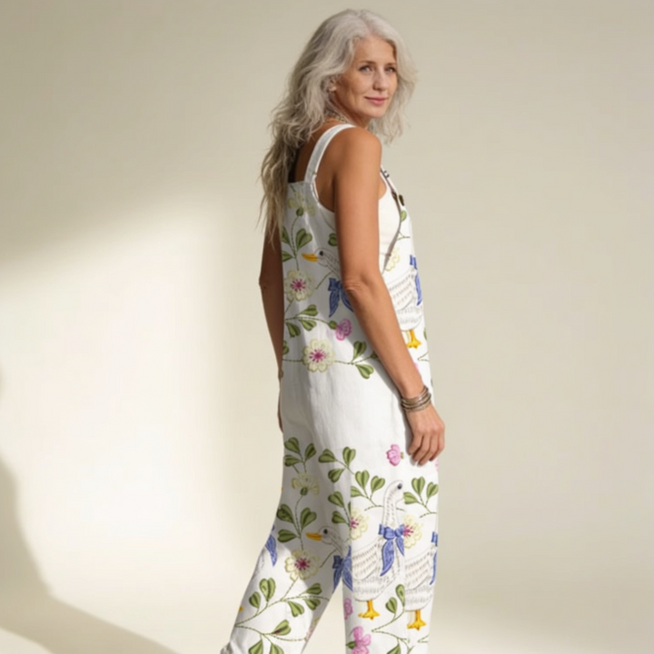 Matilde | Jardineiras Estampado Floral Mulher Perna Larga com Bolsos