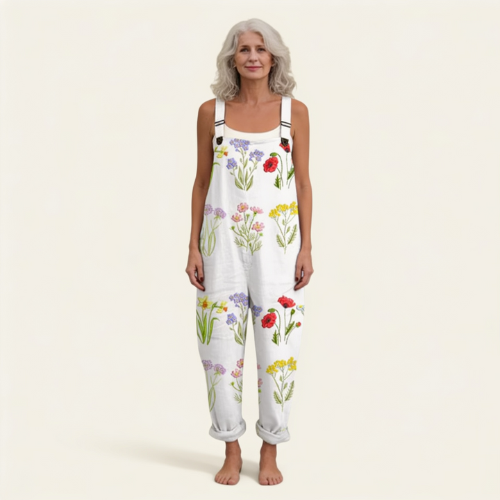Matilde | Jardineiras Estampado Floral Mulher Perna Larga com Bolsos