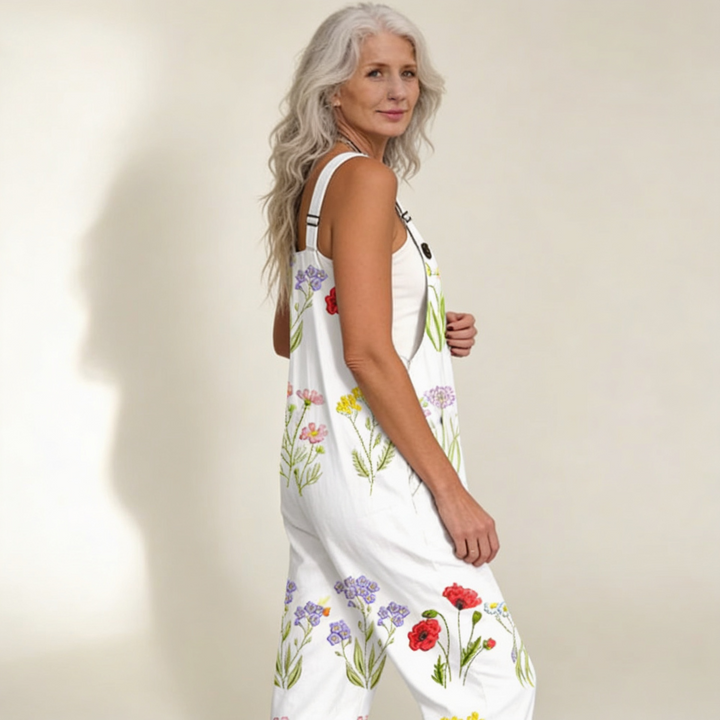 Matilde | Jardineiras Estampado Floral Mulher Perna Larga com Bolsos