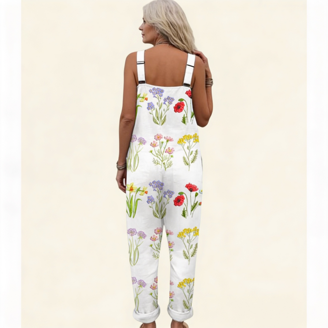 Matilde | Jardineiras Estampado Floral Mulher Perna Larga com Bolsos