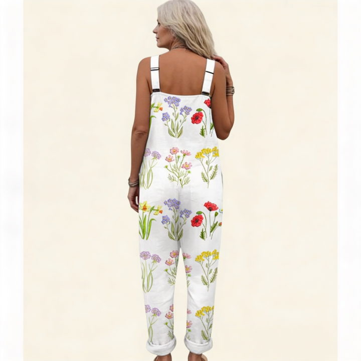 Matilde | Jardineiras Estampado Floral Mulher Perna Larga com Bolsos