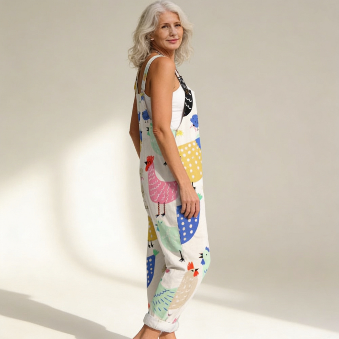 Matilde | Jardineiras Estampado Floral Mulher Perna Larga com Bolsos