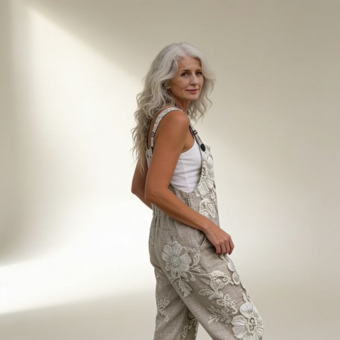 Matilde | Jardineiras Estampado Floral Mulher Perna Larga com Bolsos