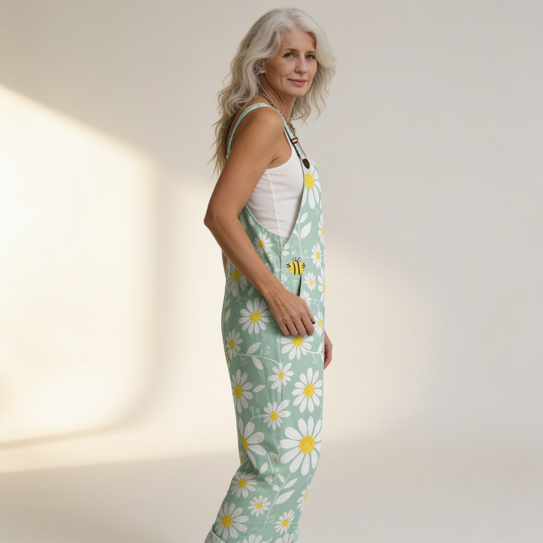 Matilde | Jardineiras Estampado Floral Mulher Perna Larga com Bolsos