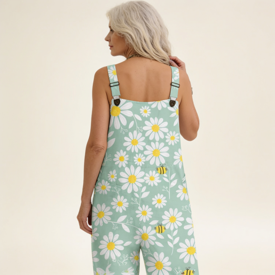 Matilde | Jardineiras Estampado Floral Mulher Perna Larga com Bolsos