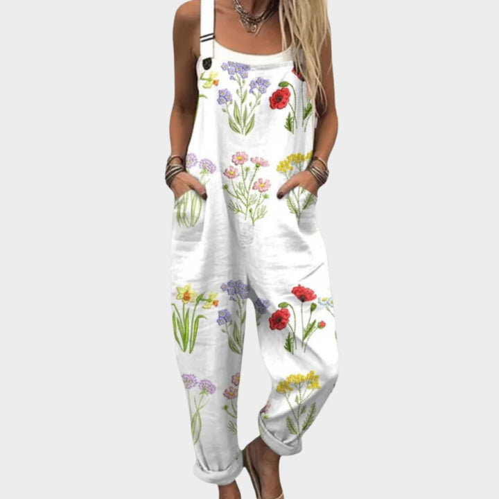 Matilde | Jardineiras Estampado Floral Mulher Perna Larga com Bolsos