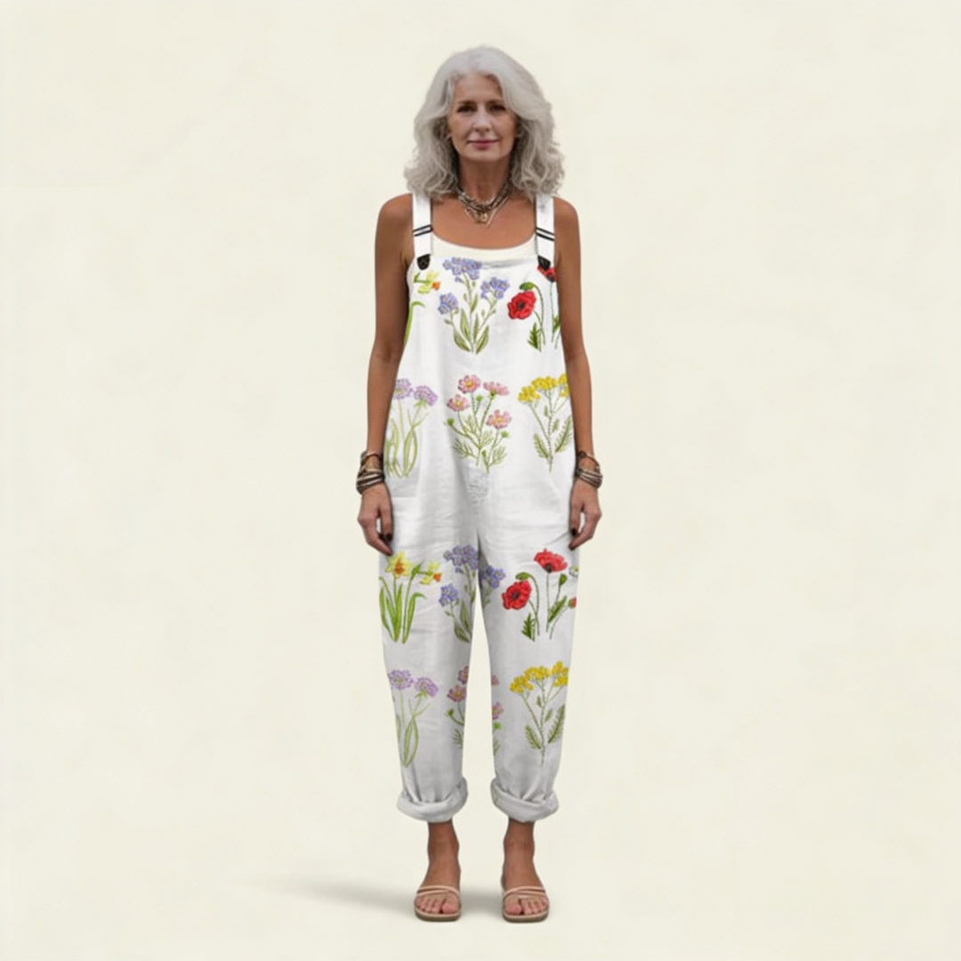 Matilde | Jardineiras Estampado Floral Mulher Perna Larga com Bolsos