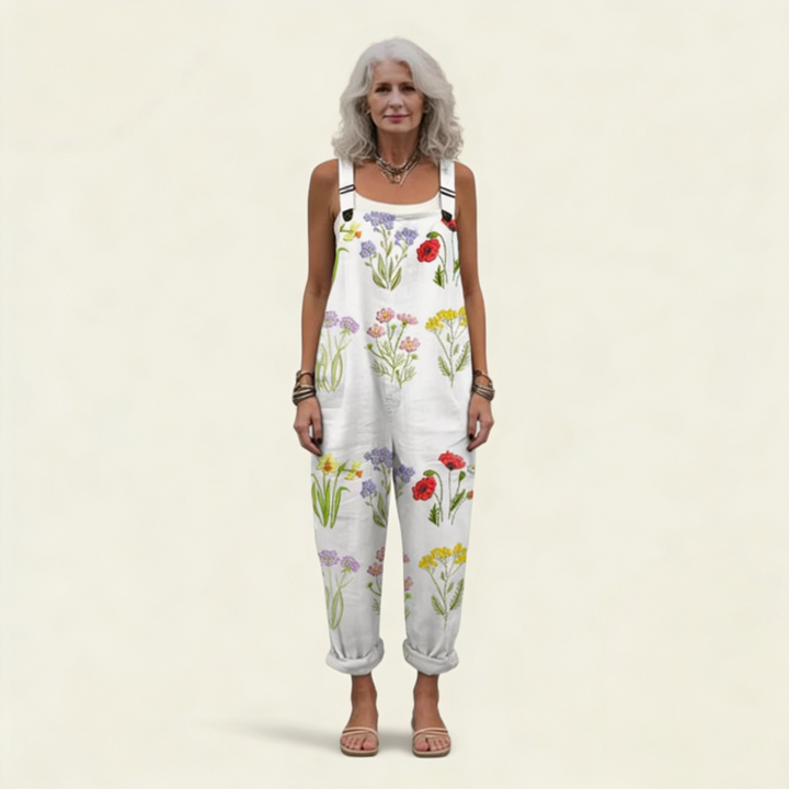 Matilde | Jardineiras Estampado Floral Mulher Perna Larga com Bolsos