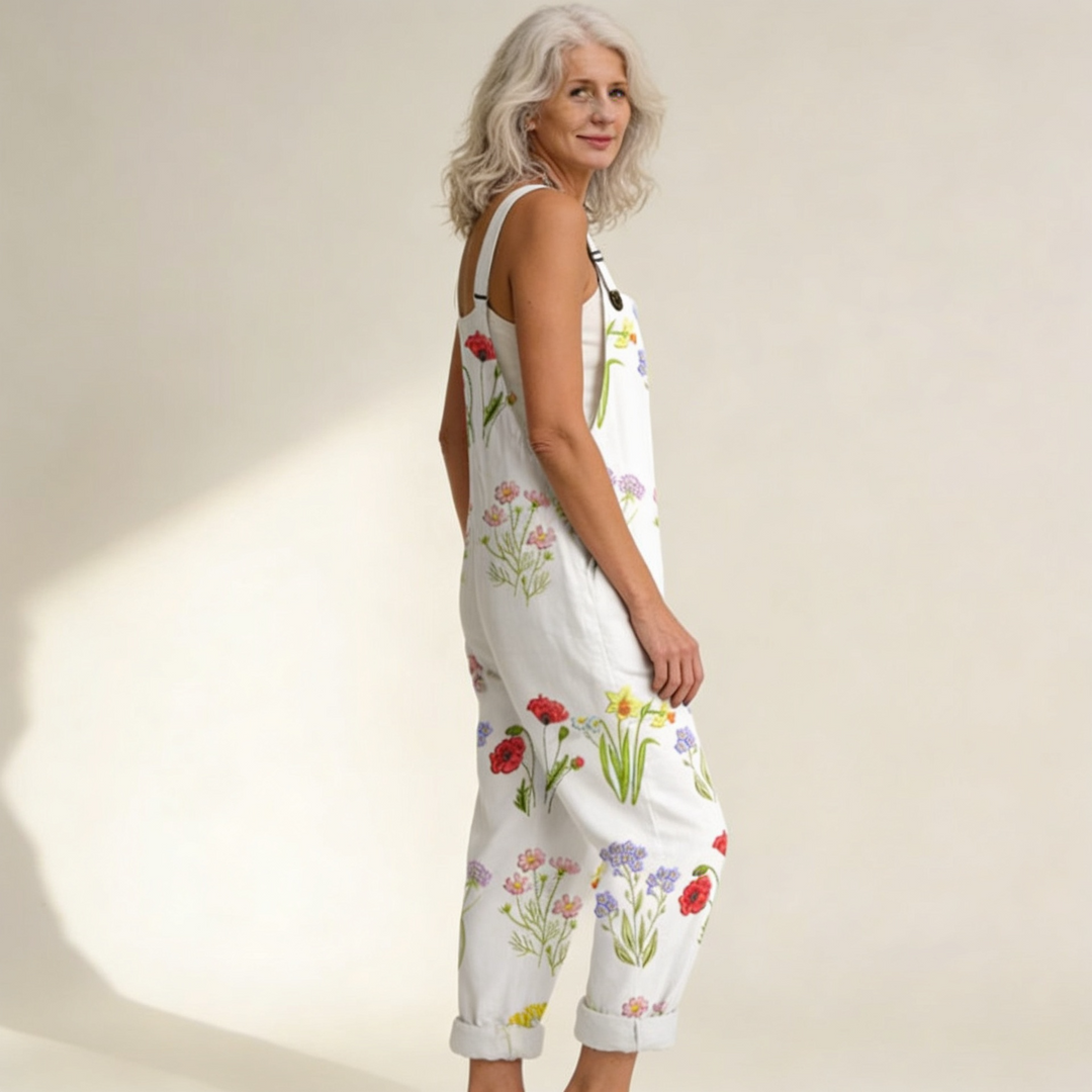 Matilde | Jardineiras Estampado Floral Mulher Perna Larga com Bolsos