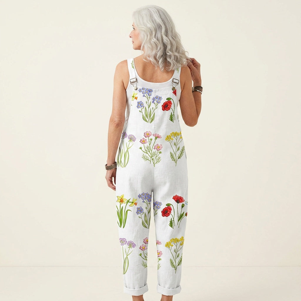 Matilde | Jardineiras Estampado Floral Mulher Perna Larga com Bolsos